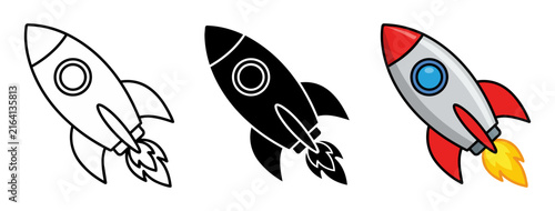 Set of spaceship rocket launch icons featuring line outline, solid black silhouette, and colorful cartoon vector illustrations for startup business design