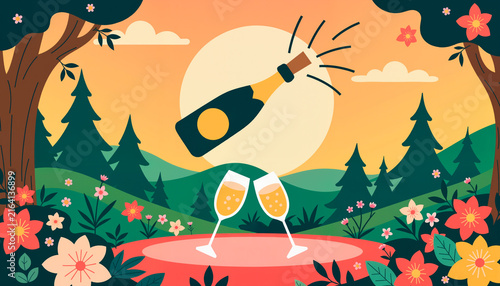 Celebratory champagne bottle popping near two glasses in a floral park  