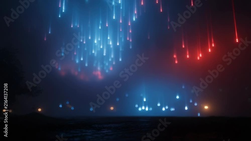 Abstract Falling Lights Particle Effect with Blue and Red Glow