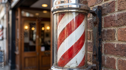 Retro barber shop sign on red brick wall in urban street. Retro barber shop features traditional red and white spiral pole outside grooming salon. Nostalgic retro barber shop for local hair business.