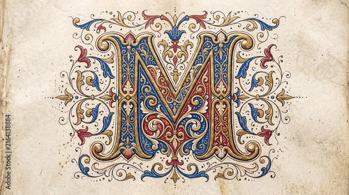 Illuminated letter M with intricate gold and blue ornaments on antique parchment paper. Illuminated letter M features ornate floral swirls and heraldic colors.