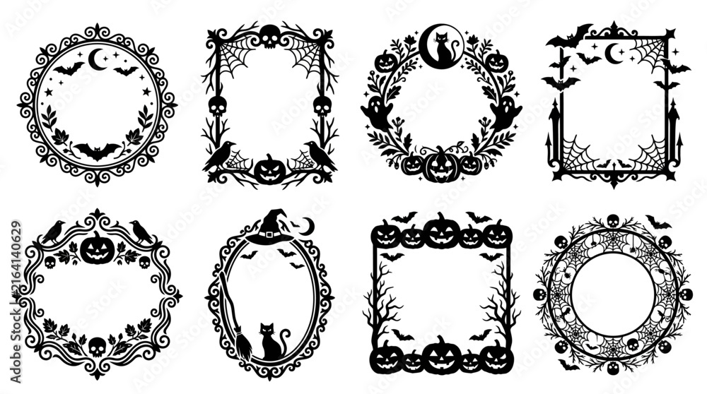 Fototapeta premium Spooky Halloween frames vector set, gothic border collection with pumpkins and bats, vintage black silhouette decorative frames isolated on White Background