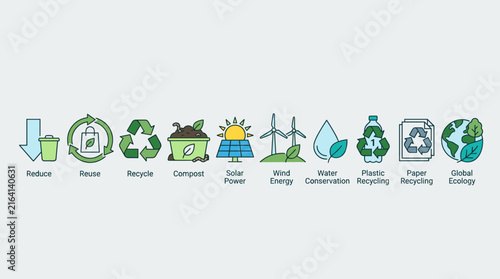 Eco-friendly sustainability icons set, 10 green environmental conservation symbols, flat vector illustrations for global ecology, renewable energy and recycling concepts