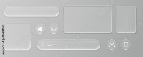 Glassmorphism UI card templates and navigation buttons featuring frosted translucent plastic texture on grey backdrop for modern mobile application interface layout development.