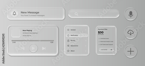 Glassmorphic audio music player and menu UI widgets with translucent frosted plates and modern outline icons for interactive dashboard applications and mobile interface mockup.