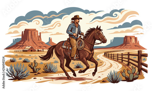 Western Cowboy Riding Horse in Desert Landscape, Vintage Wild West Vector Illustration
