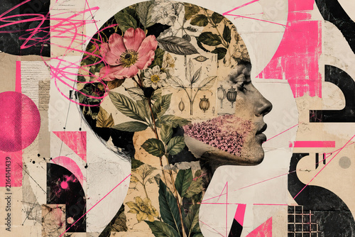 A strikingly surreal digital artwork presents a human head constructed from layered textures – deep charcoal grey concrete, shimmering iridescent pink, and delicate white.