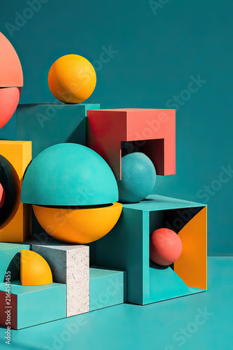 A vibrant digital artwork showcases overlapping orange and blue spheres resting on cube shapes.