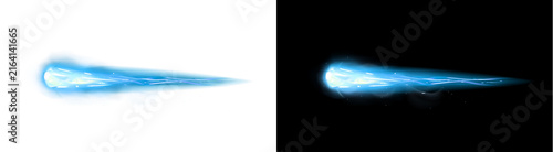 PNG image of Glowing blue comet trail featuring dynamic light particles and fast motion streaks captured in digital art style on transparent background