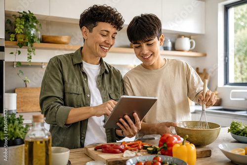 Two smiling individuals enjoy a shared cooking moment in a bright, modern kitchen. Photograph capturing a moment of domestic life, specifically in a kitchen setting.
