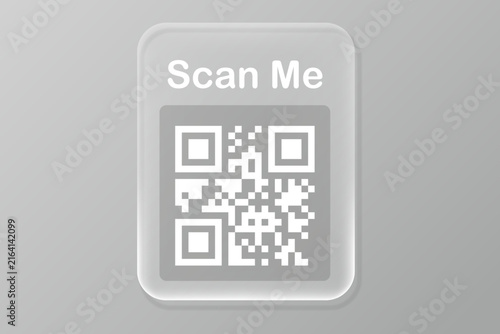 Qr code scanner card designed in modern glassmorphism style on solid grey background for tech applications mobile interfaces and digital marketing campaigns requiring premium feel.