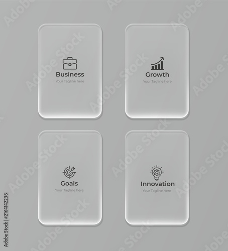 Corporate business infographic cards with frosted glass effect showcasing goals growth and innovation icons on sleek grey background for professional marketing presentation.