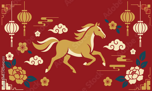 Chinese New Year horse golden lanterns flowers clouds red decoration illustration