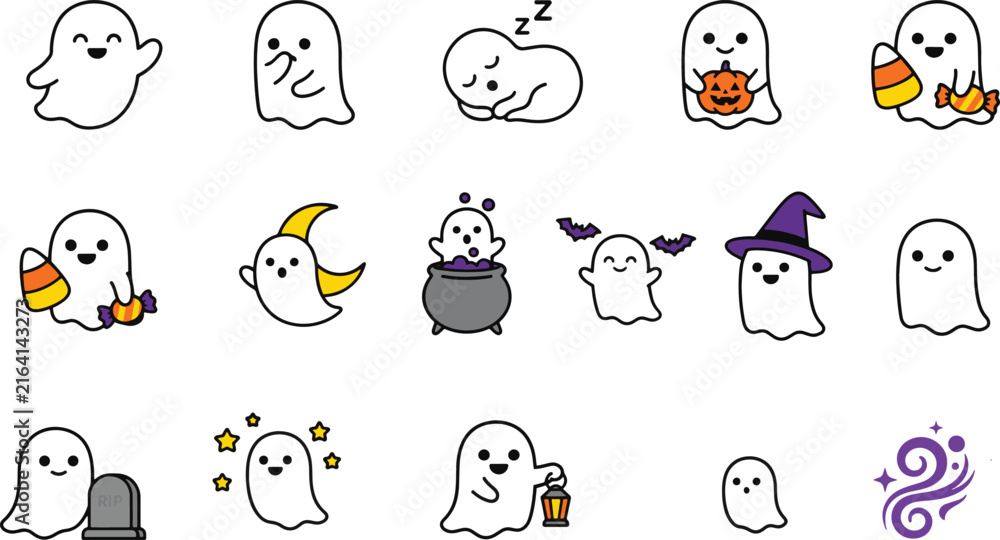 Fototapeta premium Cute Halloween Ghost Icon Set with Spooky Cartoon Characters and Magic Elements