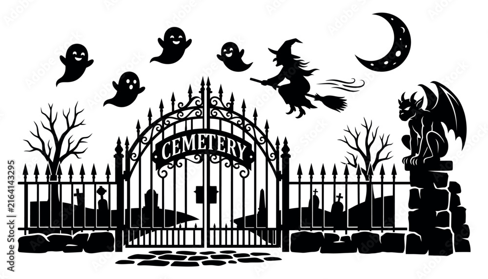 Fototapeta premium Halloween Cemetery Gate Silhouette with Flying Witch Ghosts Gargoyle and Graveyard Scene VectorHalloween Cemetery Gate Silhouette with Flying Witch Ghosts Gargoyle and Graveyard Scene Vector