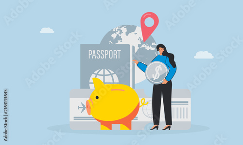 A woman saves money in a piggy bank for her dream vacation. ticket, plane, and passport