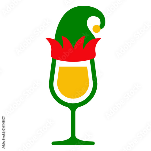 Tiempo de Navidad. Icono con dibujo sencillo con una copa de vino o champaña con gorro de elfo de Santa Claus para su uso en tarjetas y felicitaciones