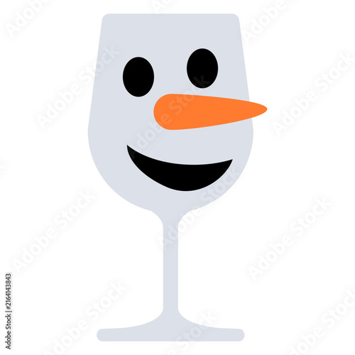 Tiempo de Navidad. Logo snowman. Icono con dibujo sencillo con la silueta de una copa de vino o champaña con la cara de un muñeco de nieve sonriente con nariz de zanahoria