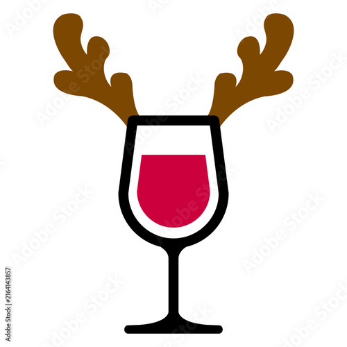 Tiempo de Navidad. Icono con dibujo sencillo con una copa de vino o champaña con cuernos de reno de Santa Claus para su uso en tarjetas y felicitaciones