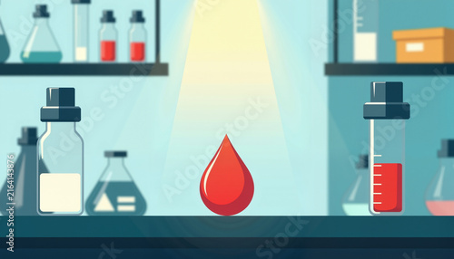 Red blood drop in a laboratory setting with test tubes and vials, a symbol of health protection.  