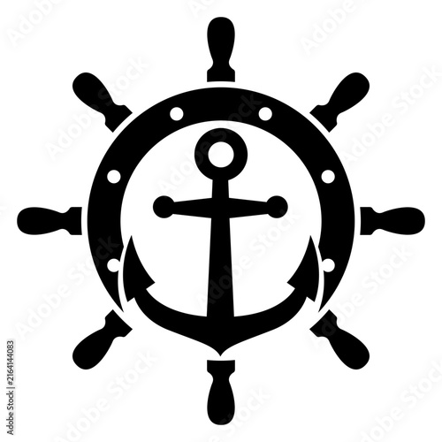 Logo nautical. Icono con dibujo sencillo de la silueta de un ancla de barco por encima de un volante de timón estilo vintage