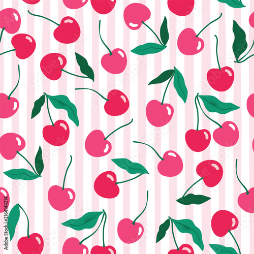 Cherry or sweet cherry seamless pattern. Hand drawn fruit. Summer tropical endless background. Vector fruit design for label, fabric, packaging. Seamless surface design.