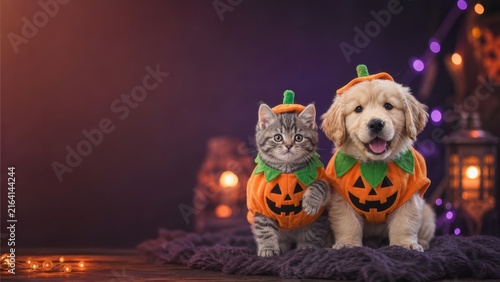 Kitten and puppy in matching pumpkin costume sitting together on cozy halloween backdrop
