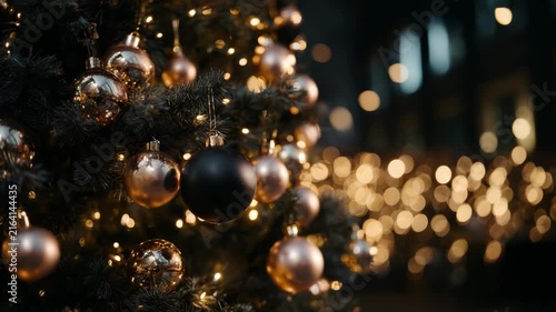 Festive Christmas Tree with Golden Ornaments and Twinkling Lights
