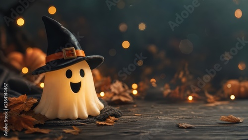 Smiling ghost figurine in witch hat on wooden table with autumn leaf and bokeh light