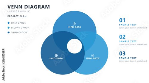 Venn diagram infographic template with three overlapping circles for business presentation and project plan, vector