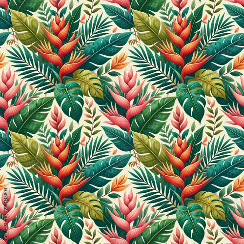 Tropical Hibiscus and Botanical Leaves Seamless Pattern