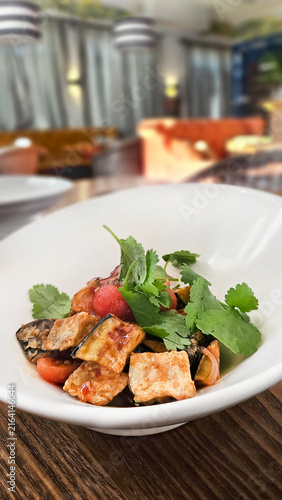 Eggplants salad on table
