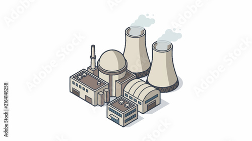 Nuclear power station features a large containment dome and cooling towers in this clean isometric illustration.