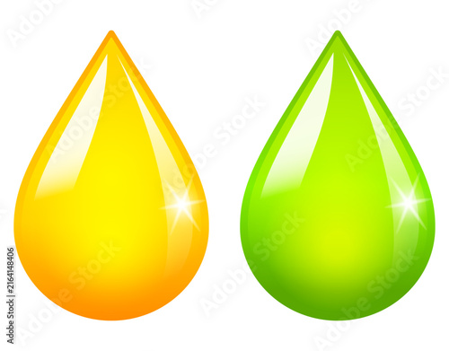 Yellow and green color oil drops isolated on white background