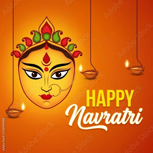 A vibrant illustration of goddess durga's face, featuring a large bindi and a nose ring, with the greeting 