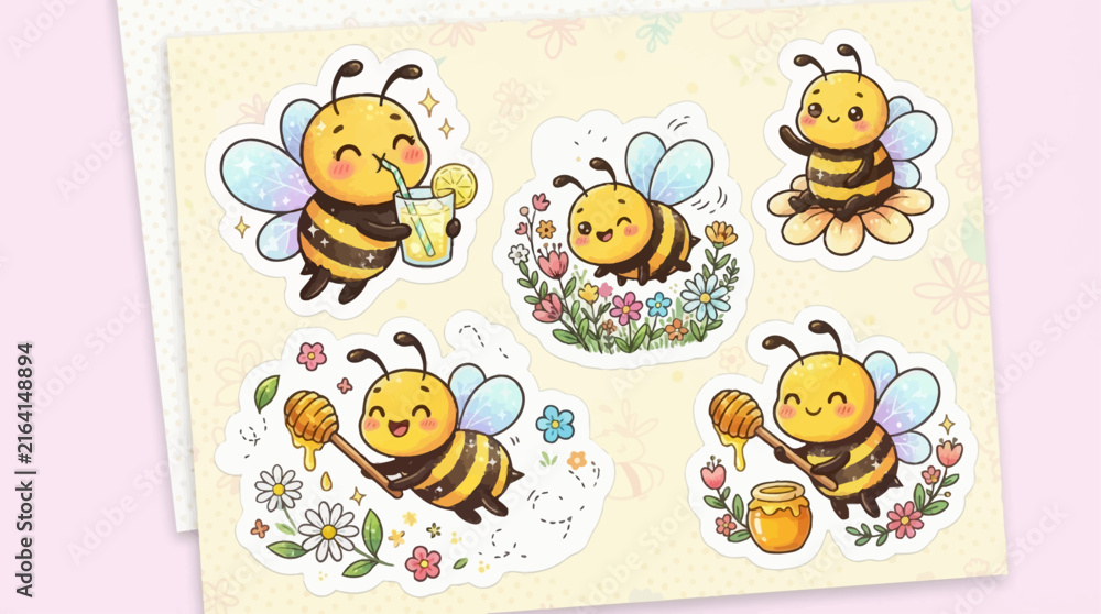 Obraz premium Adorable cartoon bee stickers in various cheerful poses, including drinking, flying, and collecting honey.