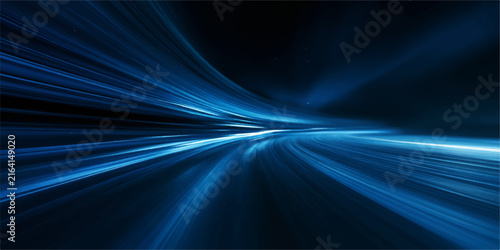 Abstract blue light streaks create a sense of speed and motion, a dynamic visual representing digital technology and rapid advancement, with a dark background enhancing the glowing trails.