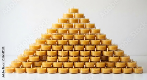Pyramid of yellow tealight candles on white background