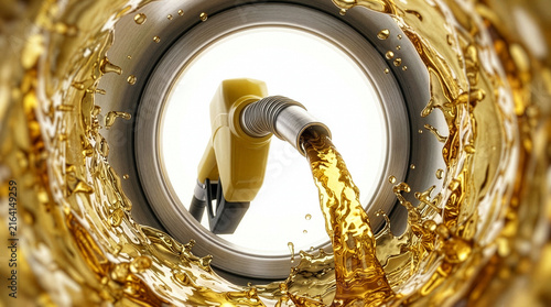 Fuel Nozzle Pouring Golden Gasoline Inside Tank Close Up View