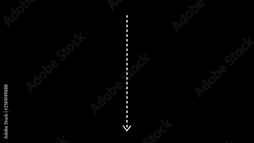 Minimalist white dashed line arrow animation pointing Down on a clean black background.