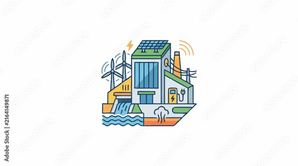 Fototapeta premium Renewable energy facility graphic showcasing wind turbines solar panels and a hydroelectric dam producing clean power.