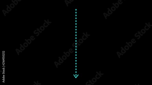 Minimalist Cyan dashed line arrow animation pointing Down on a clean black background.