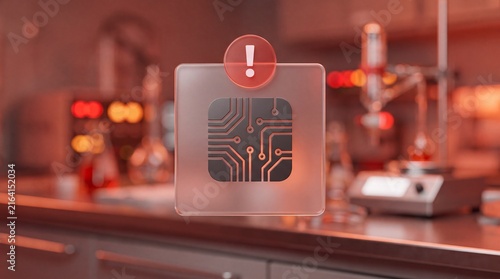 Hardware electronic circuit board error alert with red warning symbol
