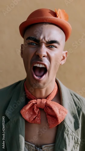 Open mouth expressive portrait of a person in orange bowler hat and sparkly bow tie for poster and theatrical editorial use