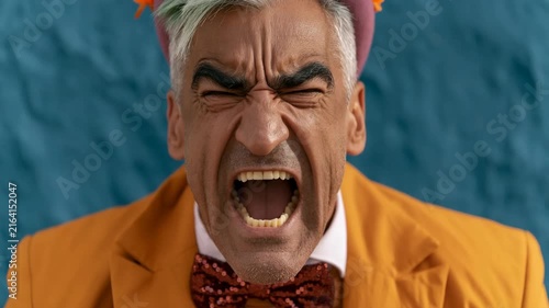 Intense frontal clown portrait with open mouth and sequined bow tie in orange suit for bold poster banner background and theatrical design