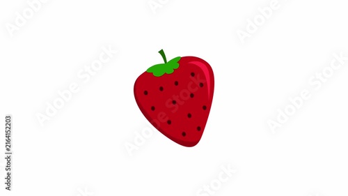 Animation of a single red strawberry with green leaves on white background.