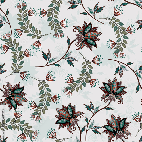 Floral seamless pattern, Flower chintz pattern seamless vector border print. Botanical batik background. Arabesque floral ornament motif for decoration fabric, women clothing, scarf, wallpaper design.