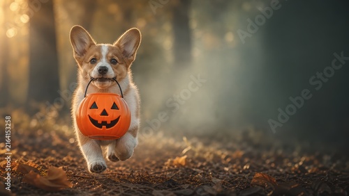 Corgi dog running with Halloween pumpkin bucket in autumn forest at sunset
