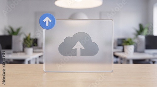 Cloud storage upload data icon on translucent glass panel in modern office