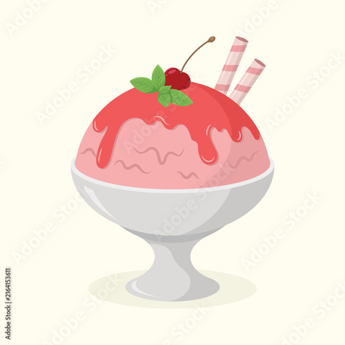 Delicious strawberry ice cream in a bowl with topping, cherry, mint leaves and couple wafer sticks. Dessert vector illustration.